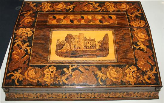 A Tunbridge ware rosewood Tonbridge Castle mosaic writing slope, 15in.